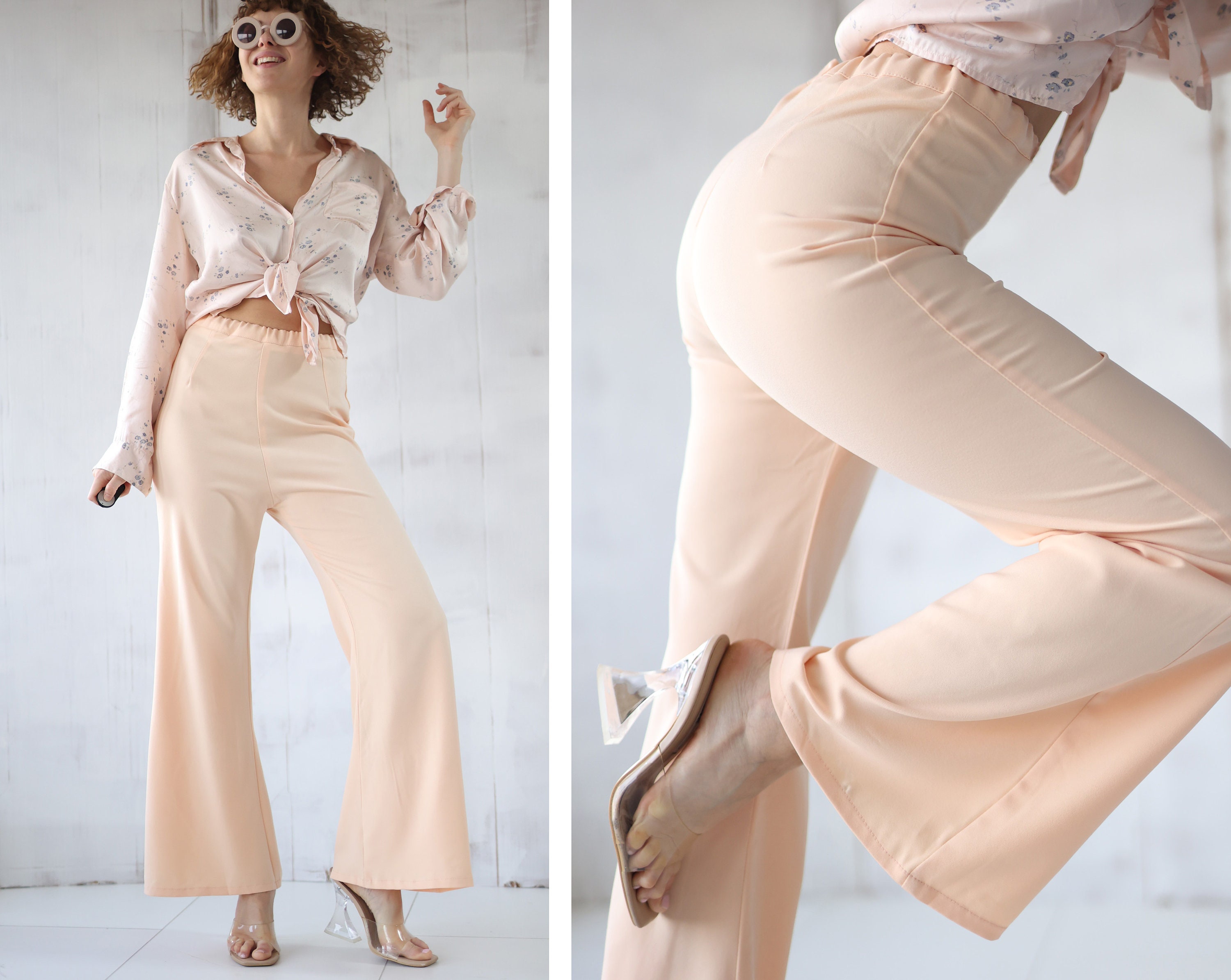 Pantalones de Vestir tipo Leggings de Tiro Alto y Cuadros – Peach
