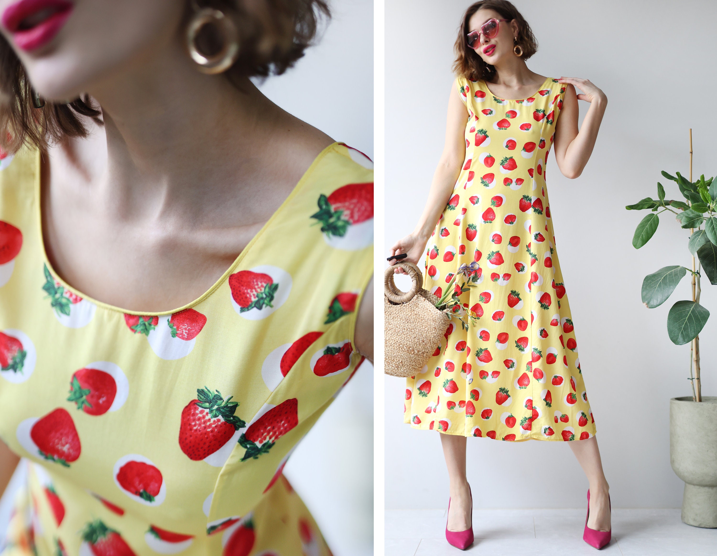 Vintage Yellow Strawberry Print Sleeveless Maxi Dress S - Etsy