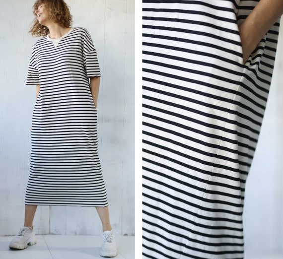 Vintage Black White horizontal striped cotton short sleeve ankle length sweatshirt maxi dress