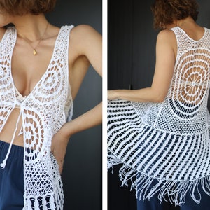 Vintage sheer white cotton lace festival vest top
