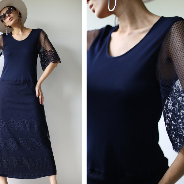 KARL LAGERFELD Vintage blue lace simple elegant evening maxi dress S M