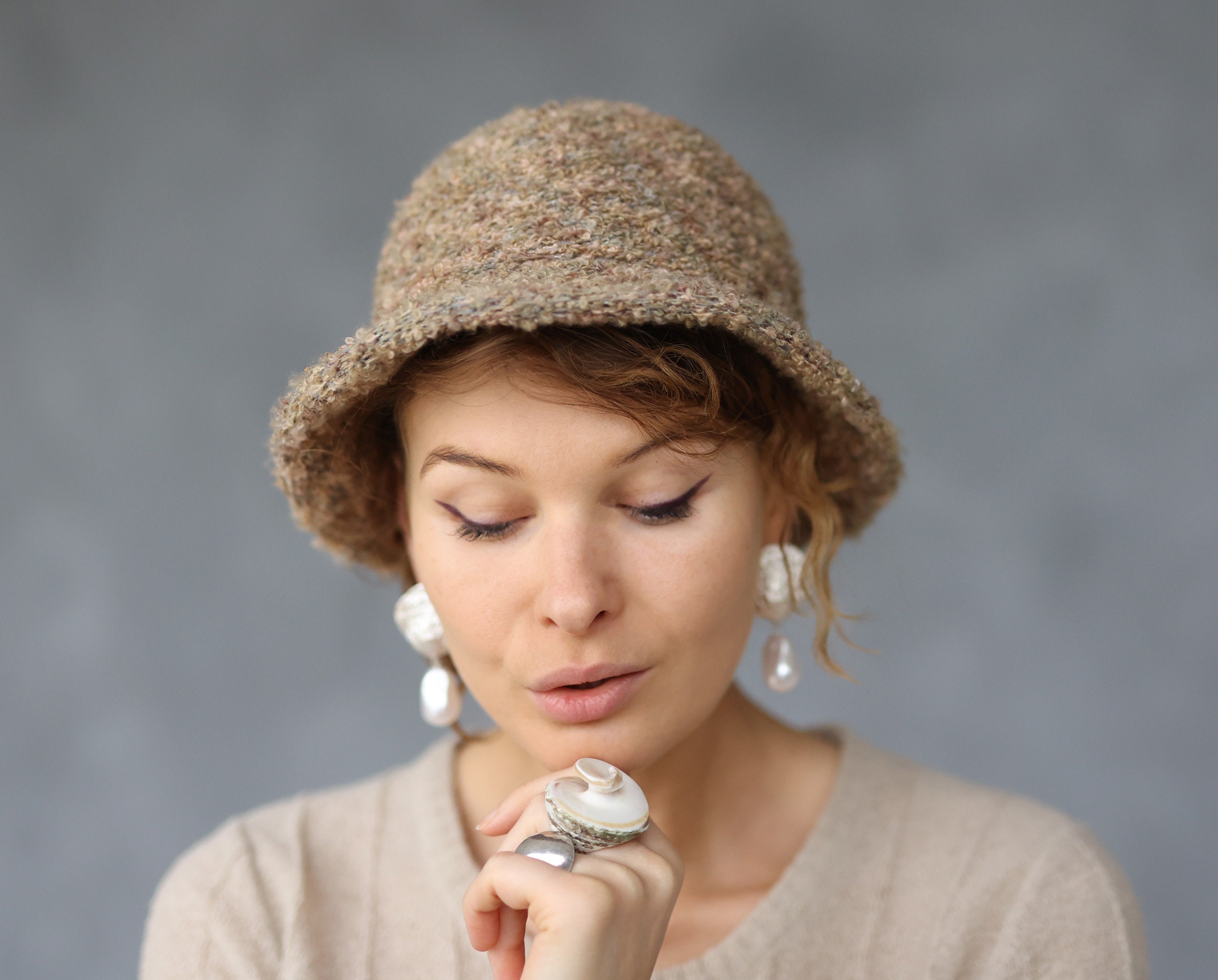 Vintage Beige Boucle Wool Short Brim Bucket Hat - Etsy Vintage Beige Boucle Wool Short Brim Bucket Hat - Etsy