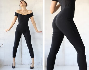 Vintage black sexy tight fitted off shoulder overalls jumpsuit XXS XS