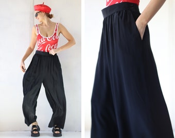 Vintage black pure silk wide leg palazzo pants XL L