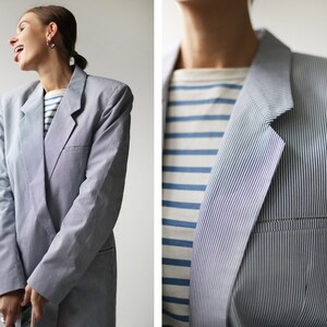 Italian Vintage blue white vertical striped cotton blend simple oversized shoulder blazer jacket