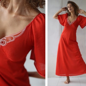 Vintage red lace top night dressing gown slip maxi dress XS