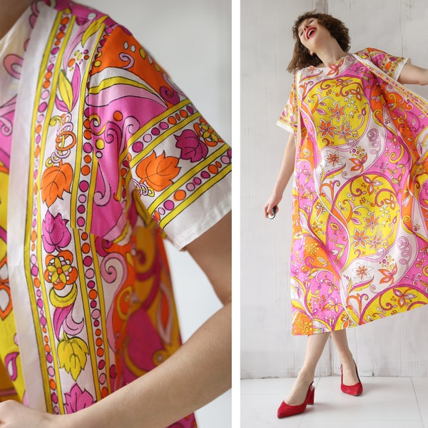 Robe longue caftan d'été vintage rose jaune à imprimé longueur cheville L