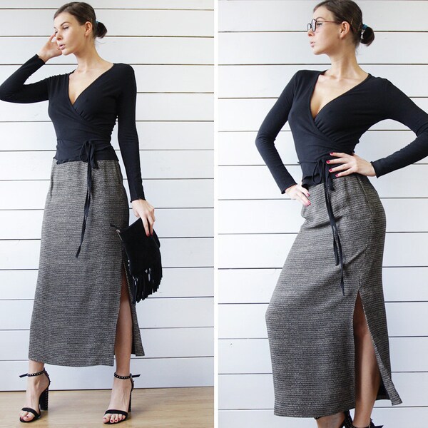 Vintage black beige dot print pure silk asymmetric slit high waist ankle length maxi skirt S