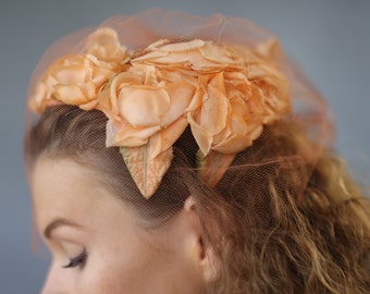 Vintage rose flower crown veil pillbox headpiece wedding tea party hat headdress