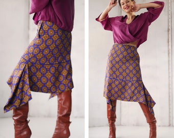 Vintage purple graphic print viscose high waist irregular midi skirt XS S