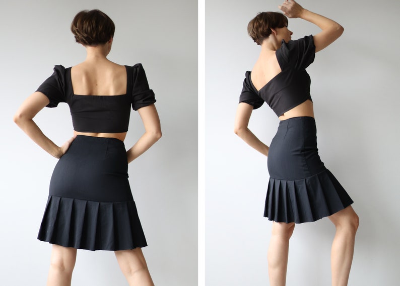 Vintage black high waist sexy tight fitted pleated mini skirt image 3