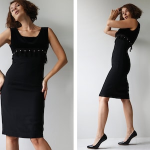 Vintage black wool velvet fringe trim fitted elegant evening midi dress XS