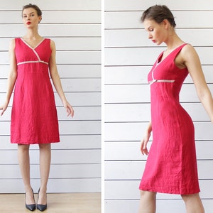 French vintage red linen sleeveless slim fitted knee length shift midi dress XS