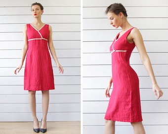 French vintage red linen sleeveless slim fitted knee length shift midi dress XS