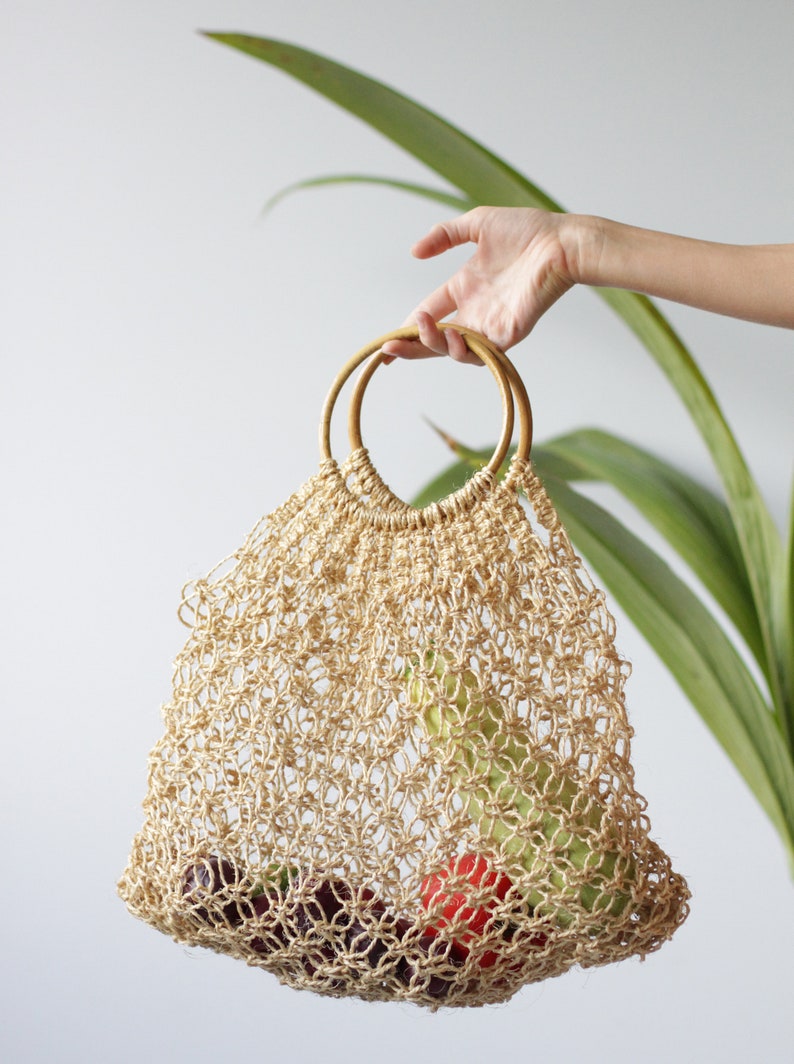 Vintage eco natural beige straw woven reusable grocery shopping chic market net tote bag image 1