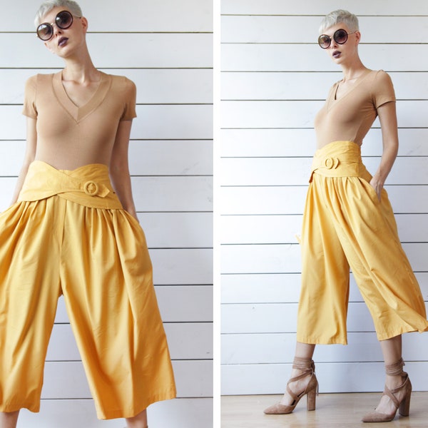 80s vintage mustard yellow super wide leg palazzo summer resort short capri culottes skirt pants L