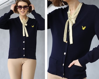 Scottish Vintage navy blue wool preppy style button up cardigan top