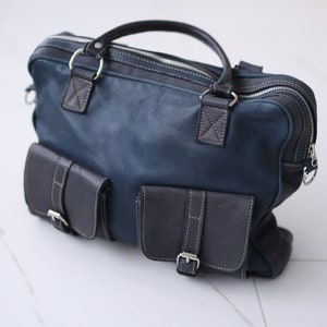 Vintage blue black leather large holdall travel sports unisex men women duffle bag image 4