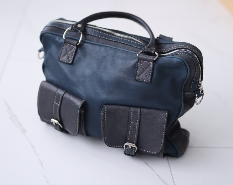 Vintage blue black leather large holdall travel sports unisex men women duffle bag image 4