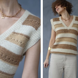 Vintage beige white striped wool knit sleeveless sweater vest top