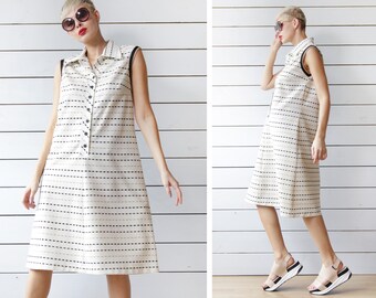 60s Vintage ivory white brown striped sleeveless simple mod day midi dress M