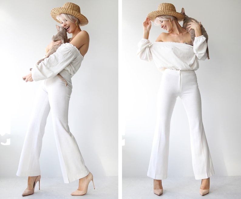 70s Vintage white bell bottom high waist flares pants XS