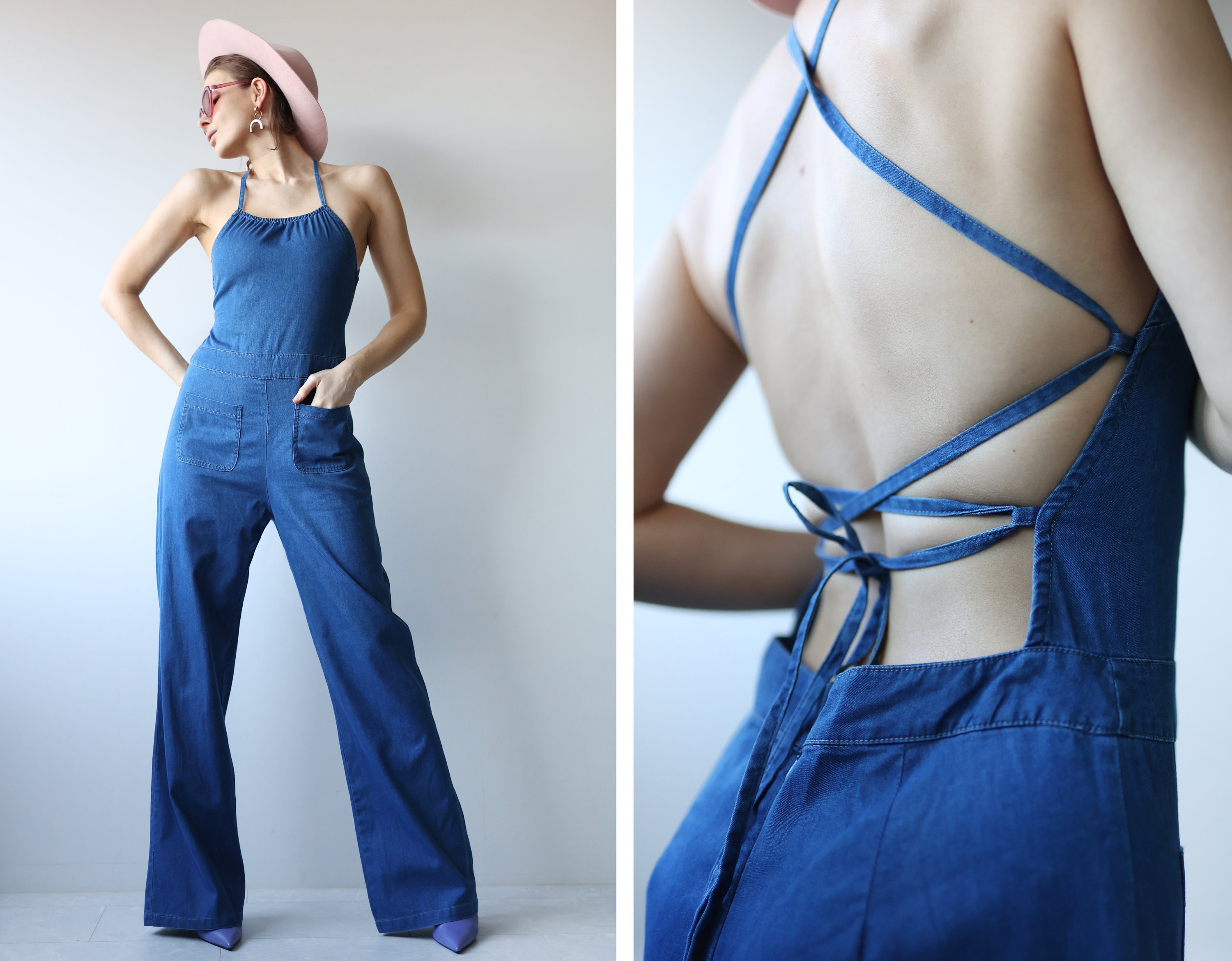 Vintage Womens Sleeveless Halter Blue Velvet Jumpsuit With Wide Leg Pants  Summer Fashion Jeans And Sexy Overalls L230926 From Hoodies011, $14.57