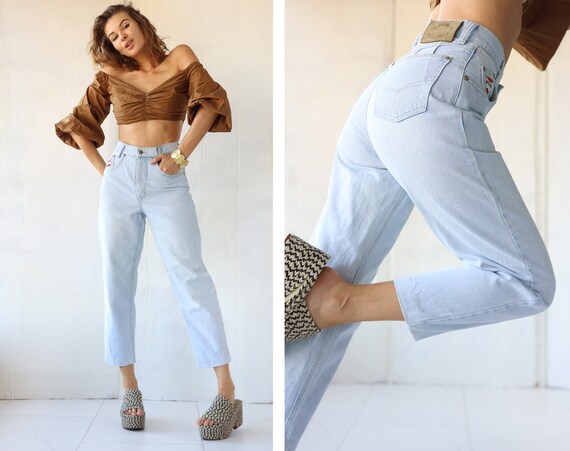 Vintage Bleached Blue Denim High Waist Jeans Pants - Etsy