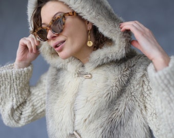 Schottische Vintage Kunstfell Wolle gestrickte Ärmel und Kapuze warme Winterjacke