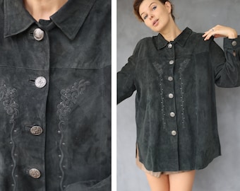 Vintage soft grey suede real leather shirt blouse top L