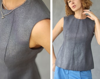 Vintage silver grey metallic linen structured blouse top S M