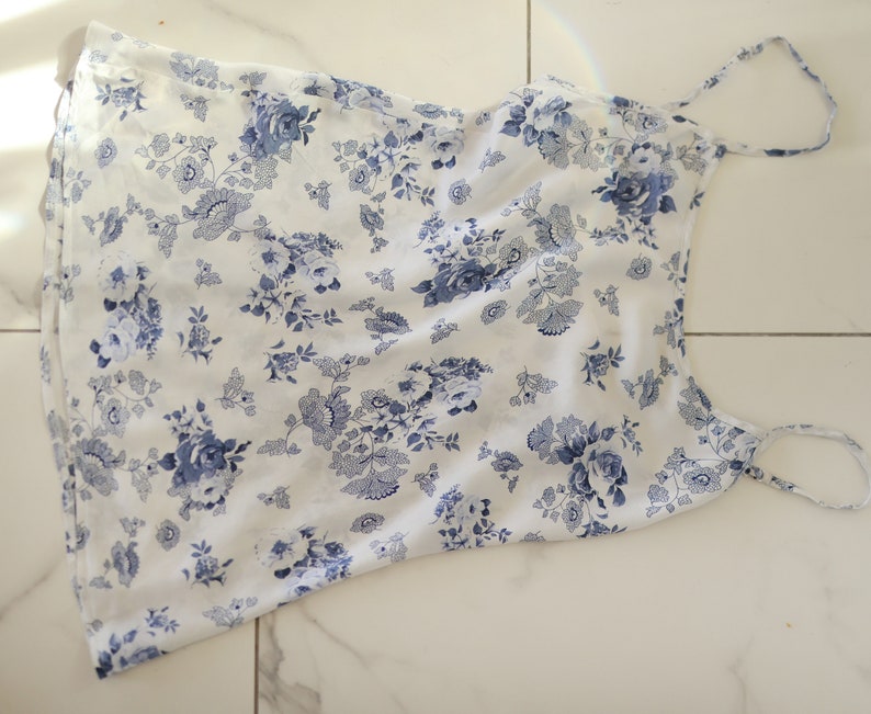 Vintage blue white floral print silk spaghetti strap lingerie cami top XS image 7