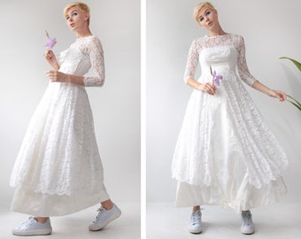 Vintage white lace long sleeve full skirt modest ankle length wedding bridal dress Petite XS