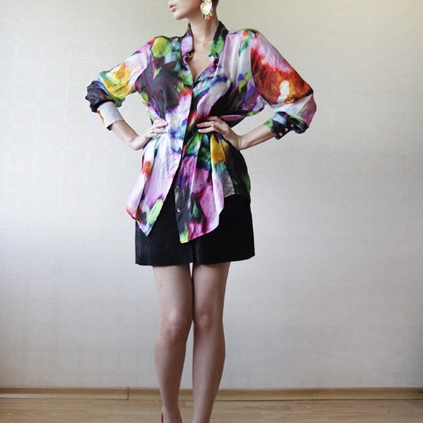 Colorful painted pure silk shirt blouse