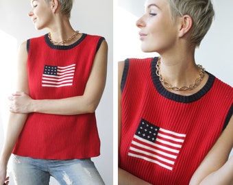 Vintage bright red US flag pattern cotton rib knit sleeveless sweater unisex vest top