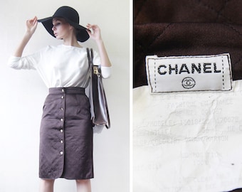 CHANEL vintage chocolate brown quilted silk gold button up knee length high waist pencil midi skirt S