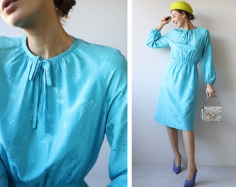 Vintage blue silk long sleeve elastic waist knee length midi dress XS S