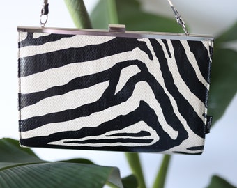 Vintage zebra print leather metal frame clutch purse bag