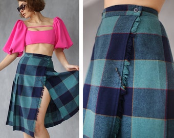 French vintage blue tartan plaid wool pleated high waist midi skirt XS
