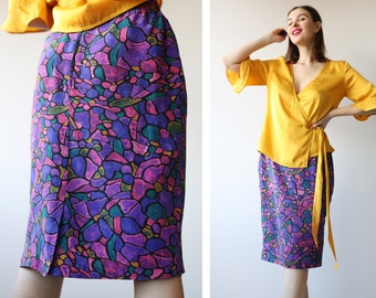 Vintage  purple abstract print pure silk high waist pencil knee length midi skirt L