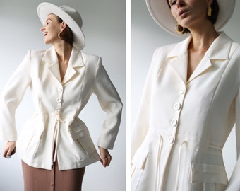 French Vintage cream white drawstring waist minimalist blazer jacket S