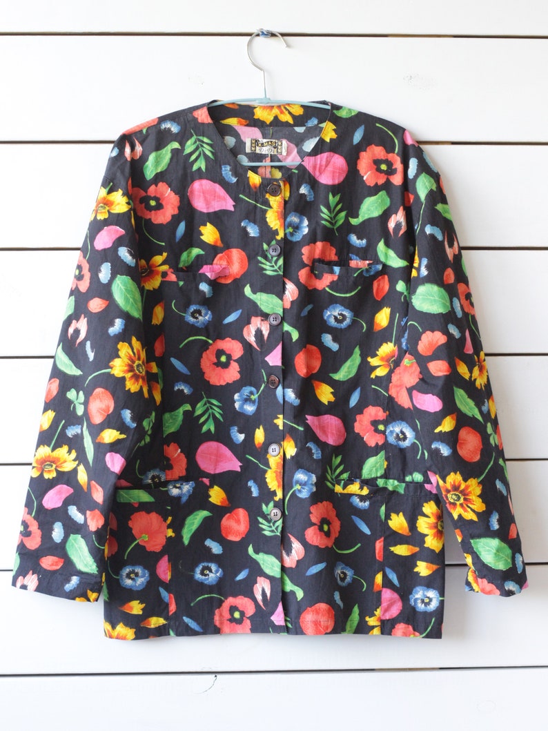 Vintage black colorful floral print cotton long sleeve button up shirt blouse top L XL
