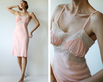 Vintage pink lace trim underwear chemise night gown slip dress S