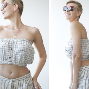 Vintage white beige plaid cotton strapless blouse tube top S