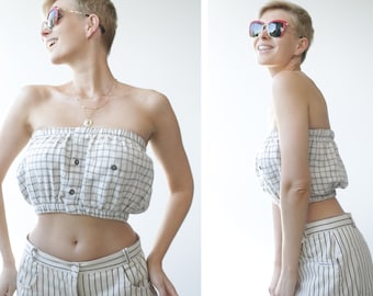 Vintage white beige plaid cotton strapless blouse tube top S