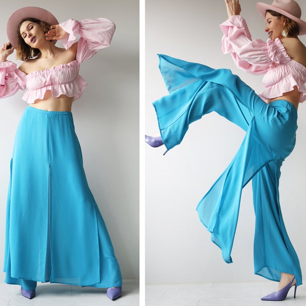 Vintage blue layered wide leg palazzo trousers pants maxi skirt S M