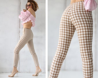Vintage white brown plaid cotton blend mid high waist fitted trousers pants XXS XS