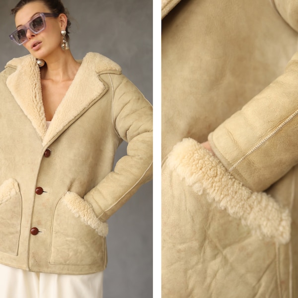 Veste chaude vintage en peau de mouton retournée beige effet vieilli, XS