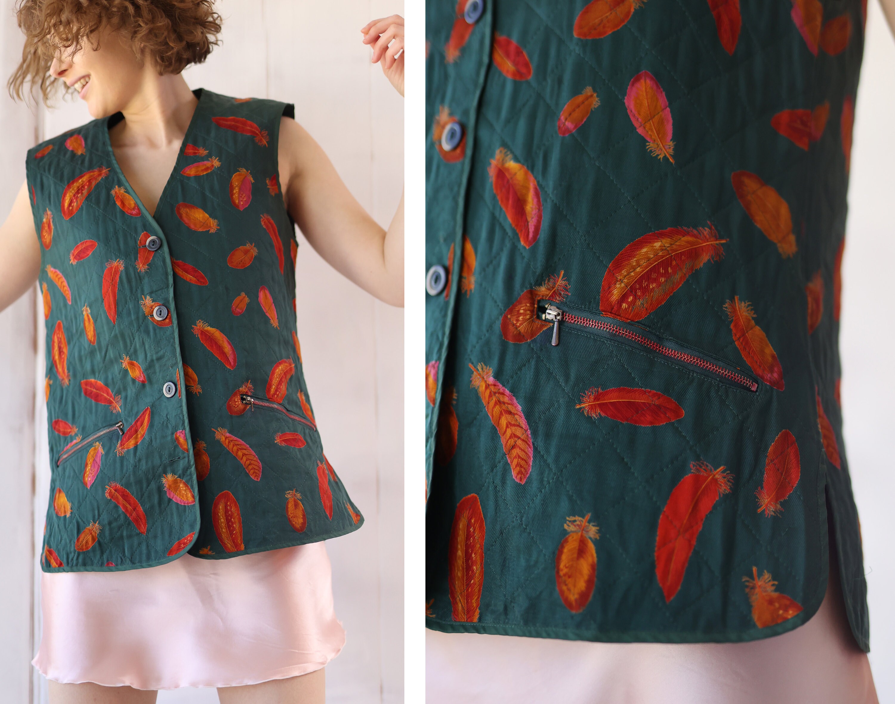 Vintage Quilted Green Feather Print Cupro Unisex Sleeveless Vintage Quilted Green Feather Print Cupro Unisex Sleeveless