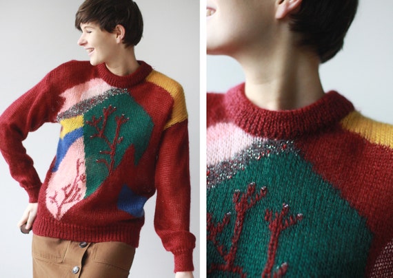 Vintage red novelty pattern wool mohair knit long
